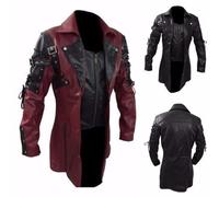 Steampunk Jacke Herren Biker Lederjacke Herren Vintage Motorrad Jacket Langarm Umlegekragen Mittelalter Mantel Gothic Punk Gehrock Kunstlederjacke Bikerjacke Oversize Cosplay Kostüm für Motorrad