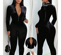 Stehkragen Reißverschluss Langarm Sportlich Lässig Dehnbar Samt Jumpsuit, Elastischer enger Bodysuit für Frühling & Herbst