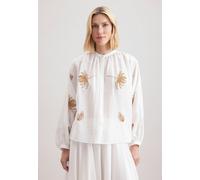 Klassische Bluse SEIDENSTICKER "Schwarze Rose", Damen, Gr. M (38), beige (ecru), 62% Viskose 25% Polyamid/Nylon 13% Leinen/Flachs, unifarben, oversize, Rundhals, Langarm, Blusen, Langarm Rundhals Stic