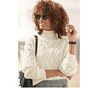 Stehkragenpullover BUFFALO, Damen, Gr. 40/42, beige (creme), Strick, Obermaterial: 89% Polyacryl, 6% Polyester, 5% Polyamid, unifarben, figurumspielend hüftlang, Pullover Stehkragenpullover, mit Zopfm