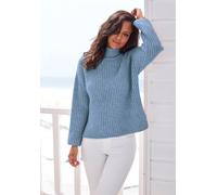Stehkragenpullover BUFFALO, Damen, Gr. 52/54, blau (blau meliert), Strick, Obermaterial: 64% Polyester, 23% Polyacryl, 10% Polyamid, 3% Wolle, meliert, figurumspielend hüftlang, Pullover Stehkragenpul