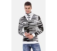 Stehkragenpullover CIPO & BAXX "Pullover", Herren, Gr. M, schwarz-weiß (weiß, schwarz), 50% Baumwolle;50% Polyacryl, gestreift, regular fit, ohne Ausschnitt, Pullover Stehkragenpullover, mit Schnallen