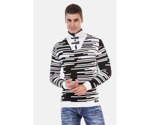 Stehkragenpullover CIPO & BAXX "Pullover", Herren, Gr. XL, schwarz-weiß (weiß, schwarz), 50% Baumwolle, 50% Polyacryl, gestreift, regular fit, ohne Ausschnitt, Pullover Stehkragenpullover, mit Schnall