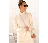 Stehkragenpullover LASCANA, Damen, Gr. 40/42, beige (hellbeige), Strick, Obermaterial: 50% Viskose, 28% Polyester, 22% Polyamid, unifarben, figurumspielend hüftbedeckend, hoch geschlossener Ausschnitt