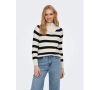 Stehkragenpullover ONLY "ONLLEISE FREYA LS ZIP HIGH NECK KNT NOOS", Damen, Gr. M, beige (birch stripes:schwarz), Strick, Obermaterial: 85% Polyacryl, 8% Polyamid, 7% Polyester, gestreift, normal, Ripp
