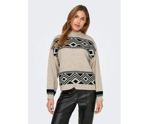 Stehkragenpullover ONLY "ONLVICTORIA L/S PULLOVER KNT NOOS", Damen, Gr. M, beige (pumice stone pattern:schwarz jacquard), Strick, Obermaterial: 79% Polyester, 13% Polyacryl, 5% Wolle, 3% Elasthan, gem