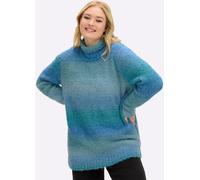 Stehkragenpullover SHEEGO "Pullover", Damen, Gr. 56/58, topas, jeansblau, gestreift, 59% Polyester, 24% Polyacryl, 11% Wolle, 4% metallisierte Fasern, 2% Elasthan, gemustert, gestreift, mehrfarbig, Pu