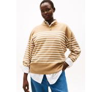 Stehkragenpullover TOMMY HILFIGER CURVE "CRV CO JERSEY GOLD BTN MK-NK SWT", Damen, Gr. 48, placed thin beige stp sweaters, Strick, Obermaterial: 75% Baumwolle, 25% Polyamid, gestreift, Bündchen, Pullo