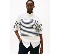 Stehkragenpullover TOMMY HILFIGER CURVE "CRV CO JERSEY GOLD BTN MK-NK SWT", Damen, Gr. 48, placed thin navy stp sweaters, Strick, Obermaterial: 75% Baumwolle, 25% Polyamid, gestreift, Bündchen, Pullov