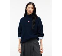 Stehkragenpullover TOMMY JEANS "TJW MOCKNECK BADGE SWEATER EXT", Damen, Gr. S (36/38), blau (dunkelblau), Pullover Stehkragenpullover, Materialmix mit Alpaka (65453742-S) dunkelblau
