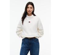 Stehkragenpullover TOMMY JEANS "TJW MOCKNECK BADGE SWEATER EXT", Damen, Gr. XL (46), weiß (sanftes weiß), Pullover Stehkragenpullover, Materialmix mit Alpaka (55817543-XL) sanftes weiß