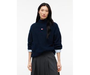 Stehkragenpullover TOMMY JEANS "TJW MOCKNECK BADGE SWEATER EXT", Damen, Gr. XS (34), blau (dunkelblau), Pullover Stehkragenpullover, Materialmix mit Alpaka (65453742-XS) dunkelblau