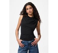 Stehkragenshirt PIECES "PCMADISON SL DRAPED TOP NOOS BC", Damen, Gr. M, schwarz, Shirts Stehkragenshirt, Materialmix, slim fit (77665763-M) schwarz