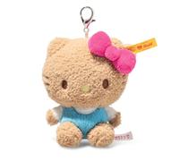 Steiff Hello Kitty Anhänger 10cm, Plüsch Schlüsselanhänger mit Karabinerhaken, Hello Kitty mit Kleid blau-weiß, Taschenanhänger & Geschenkidee, waschmaschinenfest
