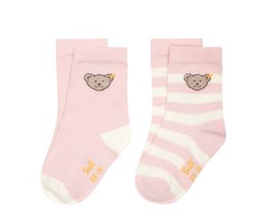 Steiff Kinder Unisex Socken, 2er Pack - Bio-Baumwolle, Teddy-Motiv, uni/gestreift Rosa 31-34