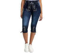 Steigenhöfer Kurze Jeans Damen Trachtenjeans im Lederhosen Look - Kurze Hose Damen - Kniebund Hose für Oktoberfest und andere Festlichkeiten, Bequeme Passform Dank Stretch Einsatz - Blau - S