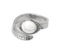 Steinringe - Weißer offener Ring, runder Naturstein, Kristall-Cabochon, gravierte Blätter, verstellbares Band, Damen- und Herrenschmuck, Howlith, Einheitsgröße