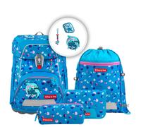 Step by Step Schulranzen-Set FIT „Dolphin Finja“ 5-teilig, blau, Delfin-Design, ergonomischer Tornister mit Reflektoren, höhenverstellbar mit Hüftgurt für Mädchen ab der 1. Klasse, 19L