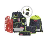 Step by Step Schulranzen-Set 2IN1 PLUS „Danger Cat Chiko“ 6-teilig, grau-grün, Dschungel-Design, ergonomischer Tornister mit Reflektoren, höhenverstellbar mit Hüftgurt für Jungen ab der 1. Klasse, 19L