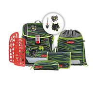 Step by Step Schulranzen-Set 2IN1 Plus „Wild Cat Chiko“ 6-teilig, grün-schwarz, Panther-Design, ergonomischer Tornister mit Reflektoren, höhenverstellbar mit Hüftgurt für Jungen 1. Klasse, 19L