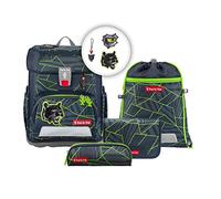 Step by Step Schulranzen-Set Cloud „Dark Cat Chiko“ 5-teilig, ergonomischer Tornister, höhenverstellbar mit Hüftgurt, für die Grundschule, ab der 1. Klasse, 19L, grau-grün-schwarz, Panther-Design