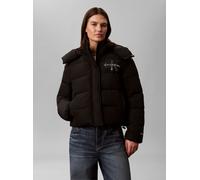 Steppjacke CALVIN KLEIN JEANS "MATTE MONOLOGO SHORT PUFFER", Damen, Gr. S, schwarz, Web, Obermaterial: 100% Polyester. Futter: 100% Polyester. Füllung: 100% Polyester, unifarben, regular fit taillenbe