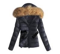 Steppjacke Damen Leicht, Daunenjacke - Glänzende Winterjacke Daunenmante Puffer Jacke Pufferjacke Gesteppter Parka Dicke Outdoor Jacken mit Fellkapuze wintermantel kurz Lederjacke Schwarz,M