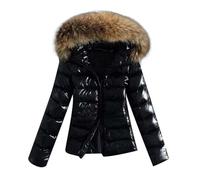 Steppjacke Damen Leicht, Daunenjacke - Glänzende Winterjacke Daunenmante Puffer Jacke Pufferjacke Gesteppter Parka Dicke Outdoor Jacken mit Fellkapuze wintermantel kurz Lederjacke Schwarz,S