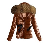 Steppjacke Damen Leicht, Daunenjacke - Glänzende Winterjacke Daunenmante Puffer Jacke Pufferjacke Gesteppter Parka Dicke Outdoor Jacken mit Fellkapuze wintermantel kurz Lederjacke Schwarz,XXL