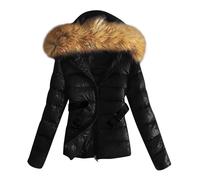 Steppjacke Damen Leicht, Daunenjacke - Glänzende Winterjacke Daunenmante Puffer Jacke Pufferjacke Gesteppter Parka Dicke Outdoor Jacken mit Fellkapuze wintermantel kurz Lederjacke Schwarz,S