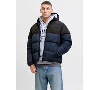 Steppjacke JACK & JONES "JJMAZE PUFFER HOOD", Herren, Gr. M, sky captain detail:schwarz blocking, Web, Obermaterial: 100% Polyester, colorblocking, regular fit, Jacken Steppjacke (71697707-M) sky capt