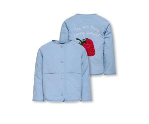 Steppjacke KIDS ONLY "KMGROSALINA QUILTED JACKET OTW NOOS", Mädchen, Gr. 98, soft chambray print:strawberry, Web, Obermaterial: 100% Nylon, unifarben, normal normal, Rundhals, eingefasste Kante, Jacke