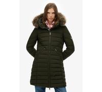 Steppjacke SUPERDRY "FUJI FAUX FUR HOOD MID LENGTH", Damen, Gr. XS, surplus goods olive grün, Web, Obermaterial: 100% Polyester, unifarben, slim fit, Jacken Steppjacke (69866736-XS)