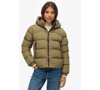 Steppjacke SUPERDRY "HOODED SPORTS PUFFER JACKET", Damen, Gr. L, grün (khaki), Steppware, Obermaterial: 100% Polyester, unifarben, relaxed fit normal, Jacken Steppjacke, Kunstfaser, relaxed fit (70597