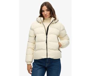 Steppjacke SUPERDRY "HOODED SPORTS PUFFER JACKET", Damen, Gr. XL, weiß (sanftes weiß), Steppware, Obermaterial: 100% Polyester, unifarben, relaxed fit normal, Jacken Steppjacke, Kunstfaser, relaxed fi