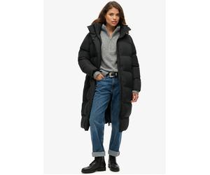 Steppjacke SUPERDRY "Longline Hooded Puffer Jacket", Damen, Gr. L, schwarz, Web, Obermaterial: 100% Polyester, unifarben, oversize, Jacken Steppjacke, Oversize-Passform, mit Reißverschluss, aus Polyes