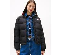 Steppjacke TOMMY JEANS "TJW ESS PUFFER FLAG JACKET EXT", Damen, Gr. XXL (44), schwarz, Web, Obermaterial: 100% Nylon, unifarben mit Farbeinsatz, regular fit, Jacken Steppjacke (69384001-XXL)
