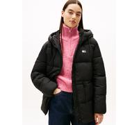 Steppjacke TOMMY JEANS "TJW HOODED MIDI PUFFER JACKET", Damen, Gr. M (38), schwarz, Web, Obermaterial: 100% Nylon, unifarben, regular fit wadenlang, Jacken Steppjacke (96060512-M) schwarz