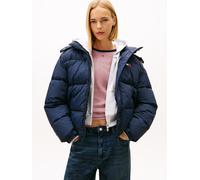 Steppjacke TOMMY JEANS "TJW OVS HOODED FLAG PUFFER EXT", Damen, Gr. 4XL (48), schwarz night navy, Steppware, Obermaterial: 100% Nylon, unifarben, regular fit, Bündchen, Jacken Steppjacke (77416304-4XL