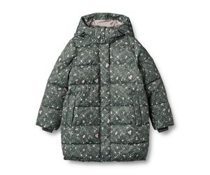 Steppjacke WHEAT "Puffer Coat Yrsa", Mädchen, Gr. 104, grün (forest lake checked flowers), Web, Obermaterial: 100% Polyester, geblümt, A-Linie normal, Bündchen, Jacken Steppjacke, Kunstfaser, wasserdi