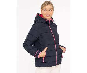 Steppjacke ZWILLINGSHERZ "Moin Moin", Damen, Gr. M, blau (marine), Steppware, Obermaterial: 100% Polyester, bequem hüftbedeckend, ohne Ausschnitt, Jacken Steppjacke, Kapuze, wärmend, Kontrastnähte (48