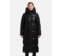 khujo Damen langer Wintermantel warmer wasserabweisender Steppmantel in Lederoptik mit 2-Wege-Reißverschluss und Kapuze Destiny Black Gr. XS