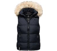 MARIKOO Damen Winter Weste Steppweste mit Kapuze und Fellkragen B896 [B896-Eisflöckchen-Navy-Gr.S]