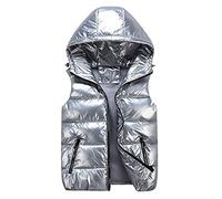 Steppweste Unisex Damen Herren Weste Glänzend mit Kapuze Winterweste Leicht Outdoor Bodywarmer Reißverschluss Slim Fit Gepolsterte Weste Wärme Freizeit Stehkragen Funktionelle (04-Silver, S)