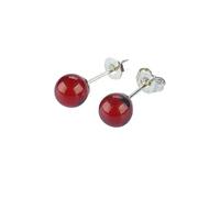 Sterling Silver Baltic Amber Stud Earrings, Classic Round red Ball Design, Natural Energy Stone, Wooden Gift Box