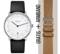 STERNGLAS - NAOS - weiß - silber - premium schwarz / 38MM + gratis Armband Premium dunkelbraun