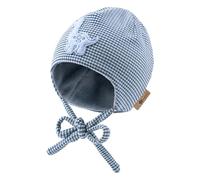 Sterntaler Beanie mit Stickmotiv Dino für Jungen - Baby und Kinder Mütze mit angeschnittenen Ohrenklappen und Bindeband - gefüttert mit Baumwollfleece - blau, 37