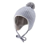 Sterntaler Inka Mütze mit Rippenmuster - Unisex warme Kindermütze mit angeschnittenen Ohrenklappen und Bindeband - Bommelmütze aus Mischgewebe, gefüttert mit Baumwollfleece - graublau,47