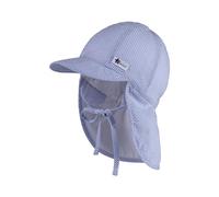 Sterntaler Schirmmütze mit Nackenschutz Streifen Seersucker, Bindeband für Jungen - Baby Mütze mit Ohrenklappen und UV -Schutz 50+ - Schirmmütze Baby mit Streifenoptik - himmelblau, 45