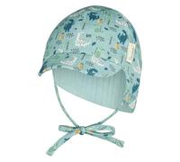 Sterntaler Schirmmütze Nackenschutz Dinos - Leichte Kindermütze aus Bio-Baumwoll-Musselin mit Dino-Print, Ohrenklappen, Gummi, Bindeband und Innenfutter, UV-Schutz 50+ - Helltürkis, Größe 43